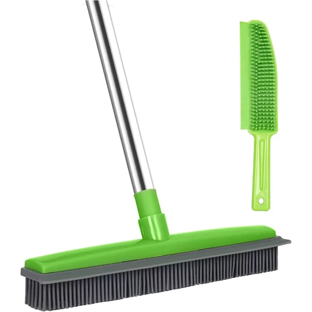 Rubber Broom for Clean Indoor&Outdoor,50'' Handle Carpet Rug Rake & Pet Massage Brush,Green